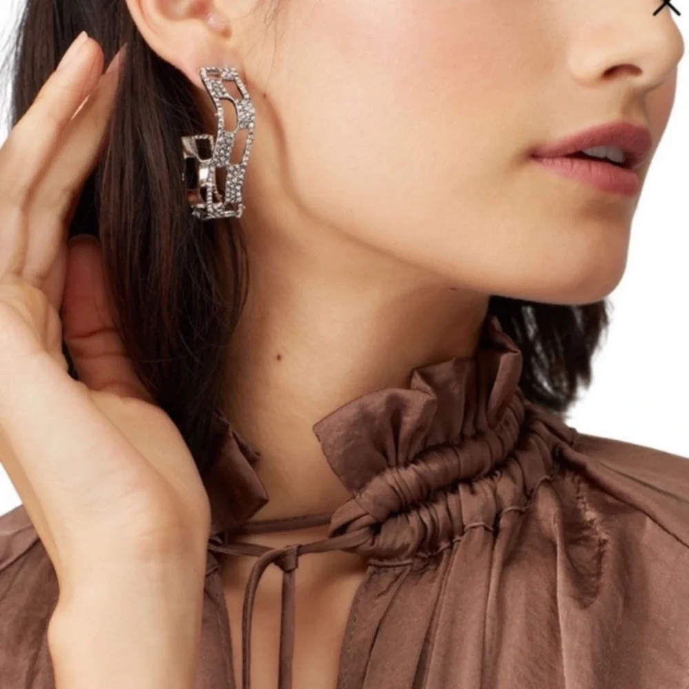 ALEXIS BITTAR • Silver Crystal Georgian Checkerboard Wavy Hoop Earrings